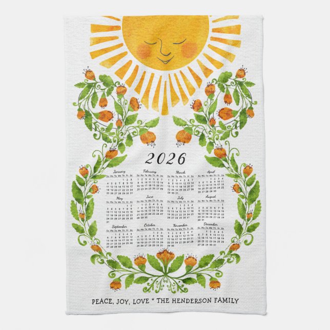 2026 Blommigten Calendar Cute Sol Orange Flowers Kökshandduk (Vertikal)