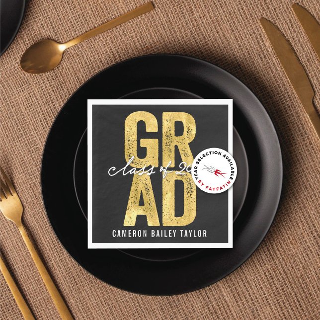 2026 Bold GRAD Guld Folie Modern Examenfest Pappersservett (2026 Bold GRAD Gold Foil Graduation Party Cocktail / Luncheon / Dinner Paper Napkins by fatfatin)