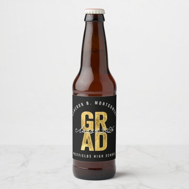 2026 Bold GRAD Guld Folie Stilig Examenfest Ölflaska Etikett (Framsida)