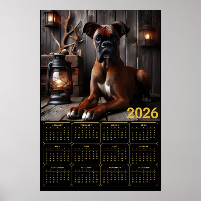 2026 Boxer Dog Calendar – Rustic Cabin Portrait Poster (Framsidan)