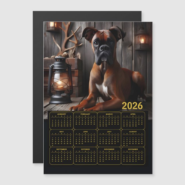 2026 Boxer Hundkalender – Rustik Stuga Porträtt (Fram/baksida)
