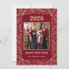2026 Burgundy & Antique-Gold Family New Year Photo Julkort
