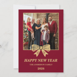 2026 Burgundy & Gold Bow Family New Year Photo Julkort