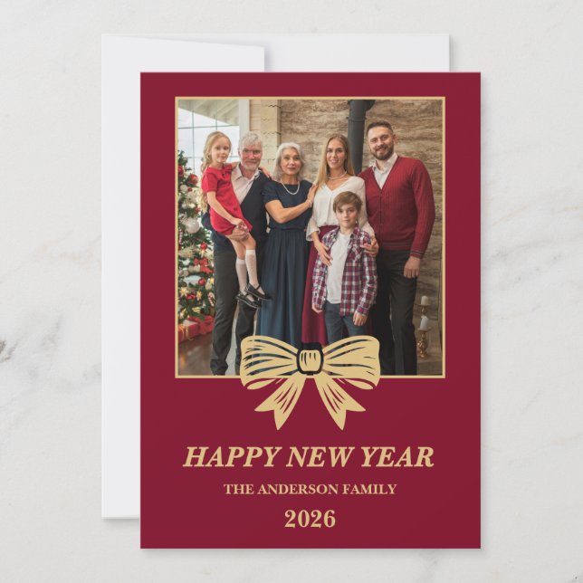 2026 Burgundy & Gold Bow Family New Year Photo Julkort (Framsida)