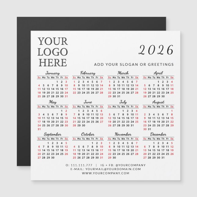 2026 Business Calendar Magnet Company Logotyp Enke (Fram/baksida)