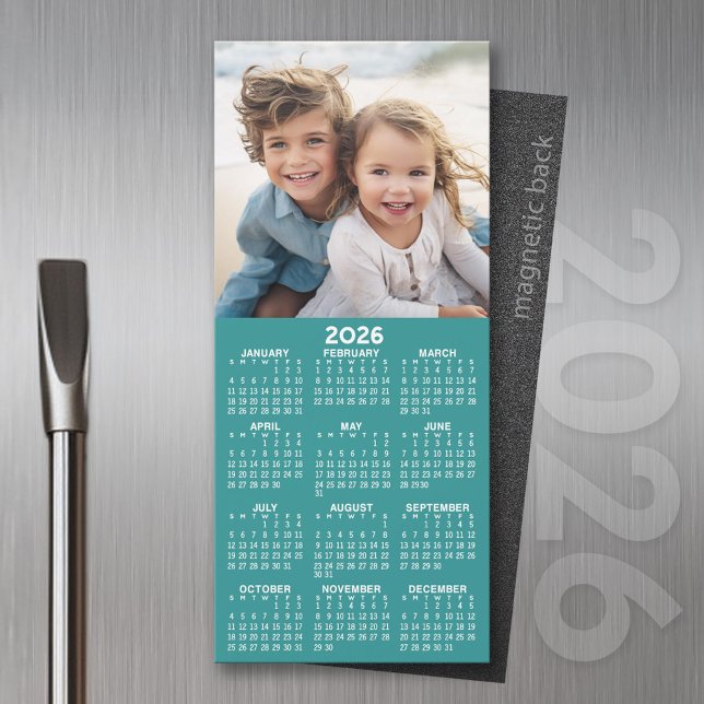 2026 Calendar 1 Photo Collage - Kan redigera aqua (2026 Calendar Magnet for the Fridge or Home Office - Add a Photo for a Personal Touch)