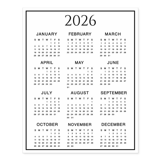 2026 Calendar #2 Four Rows, Three Columns Stämpel (Tryck)