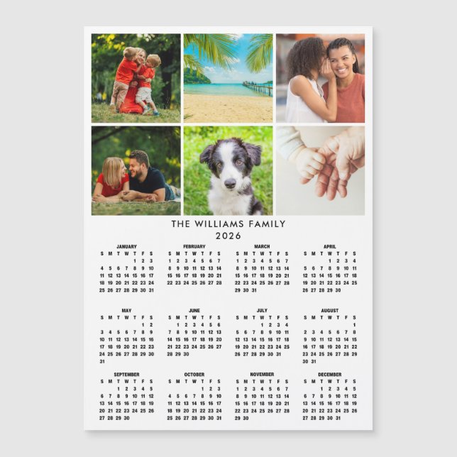 2026 Calendar 6 Photo Collage Modern Magnet (Framsida)