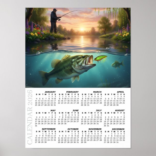 2026 Calendar, Bass Fishing, Spring River / Fish Poster (Framsidan)