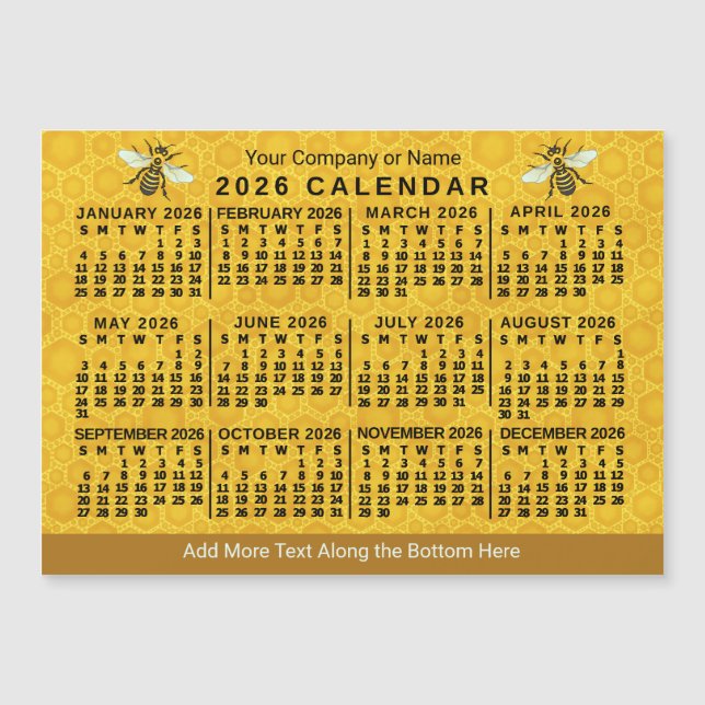 2026 Calendar Bee Honeycomb Custom Apiary Magnet (Framsida)