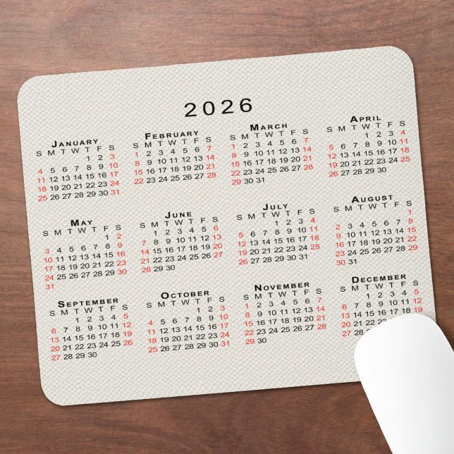 2026 Calendar Beige Faux Canvas Texture Musmatta (2026 Calendar Beige Faux Canvas Texture Mouse Pad, in situ)