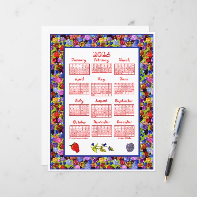 2026 Calendar Berries Art Frame Red Fabric Font (Fram/Back In Situ)