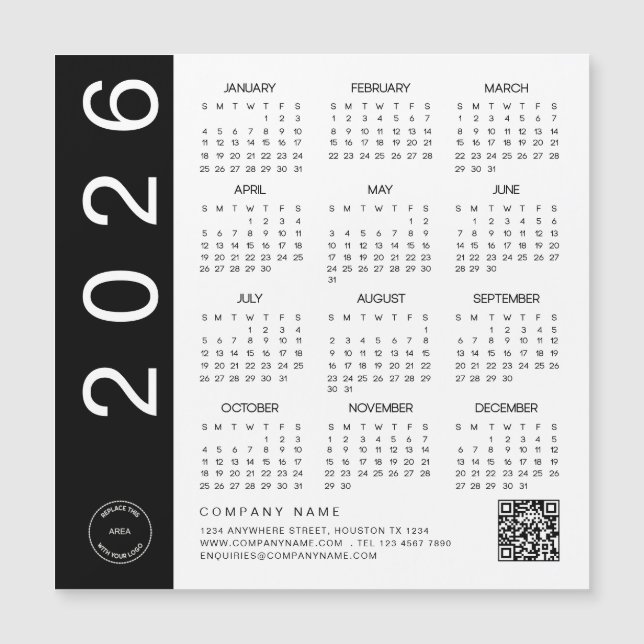 2026 Calendar Black Text QR Code Company Logotyp (Framsida)