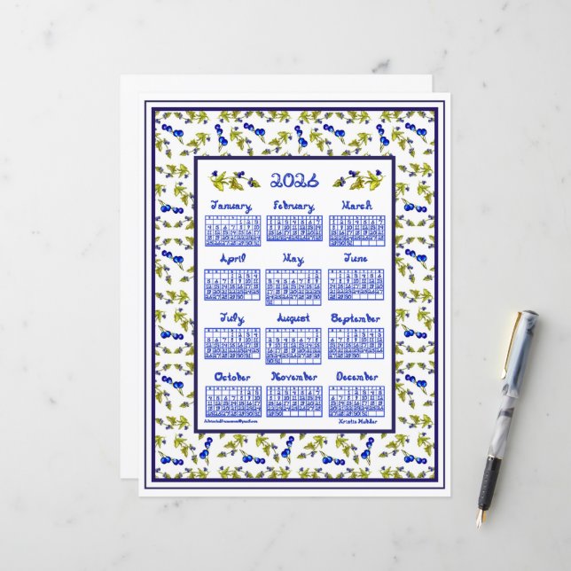 2026 Calendar Blueberries Stem Leaves Fabric Font (Fram/Back In Situ)