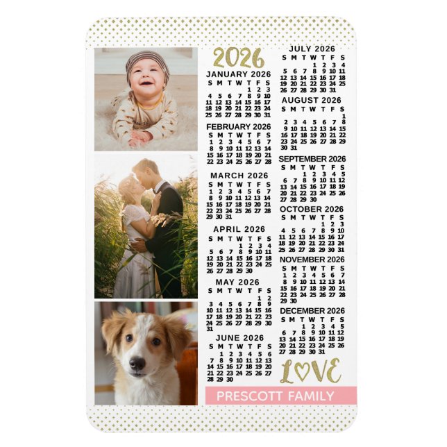 2026 Calendar Blush Pink Gold Family Photo Collage Magnet (Vertikal)
