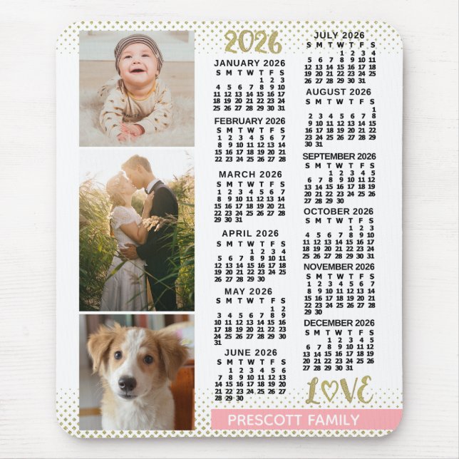 2026 Calendar Blush Pink Gold Family Photo Collage Musmatta (Framsidan)