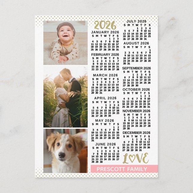 2026 Calendar Blush Pink Gold Family Photo Collage Vykort (Framsida)