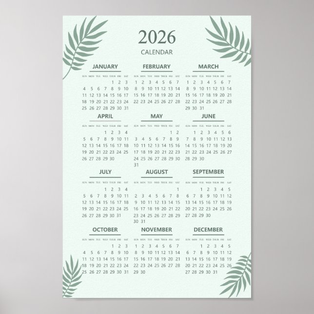 2026 Calendar Boho Blommigt Aesthetic Mint Grönt Poster (Framsidan)