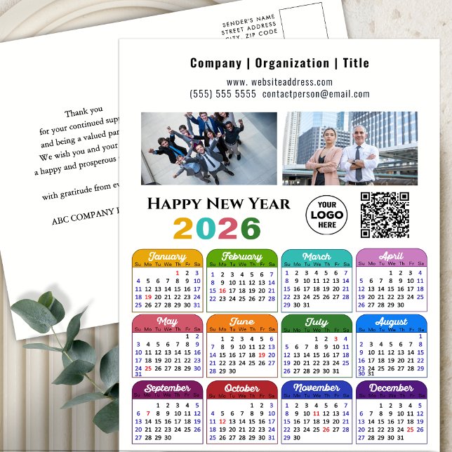 2026 Calendar Business 2 Photo Logotyp QR Code Fär Helg Vykort (Skapare uppladdad)