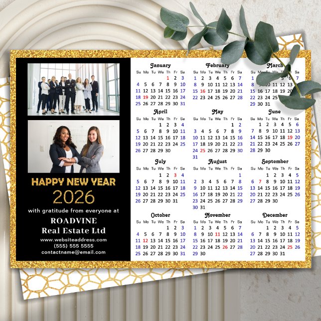 2026 Calendar Business 2 Photo Modern Black Guld Julkort (Skapare uppladdad)