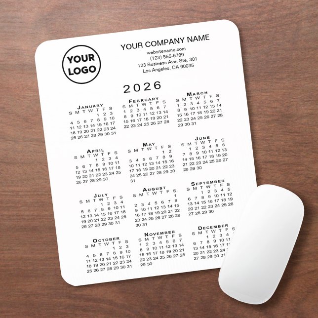 2026 Calendar Business Logo and Text on White Musmatta (2026 Calendar Business Logo and Text on White Mouse Pad, in situ)