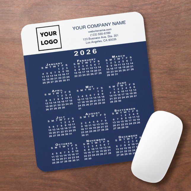 2026 Calendar Business Logo Text Navy Blue White Musmatta (2026 Calendar Business Logo Text Navy Blue White Mouse Pad, in situ)