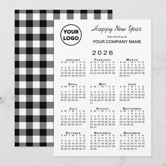2026 Calendar Business Logotyp Black White Gingham Julkort (Fram/baksida)