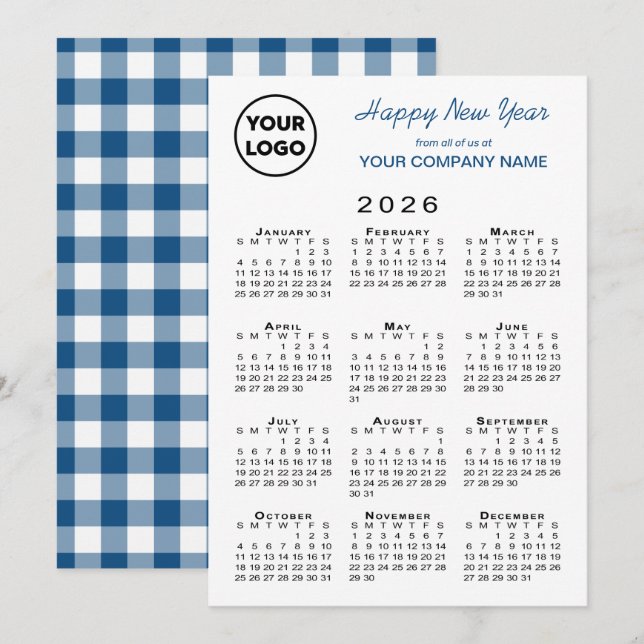 2026 Calendar Business Logotyp Blue White Gingham Julkort (Fram/baksida)