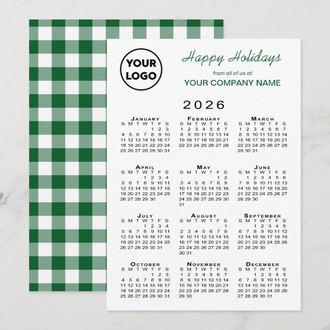 2026 Calendar Business Logotyp Grönt White Gingham Julkort (Fram/baksida)
