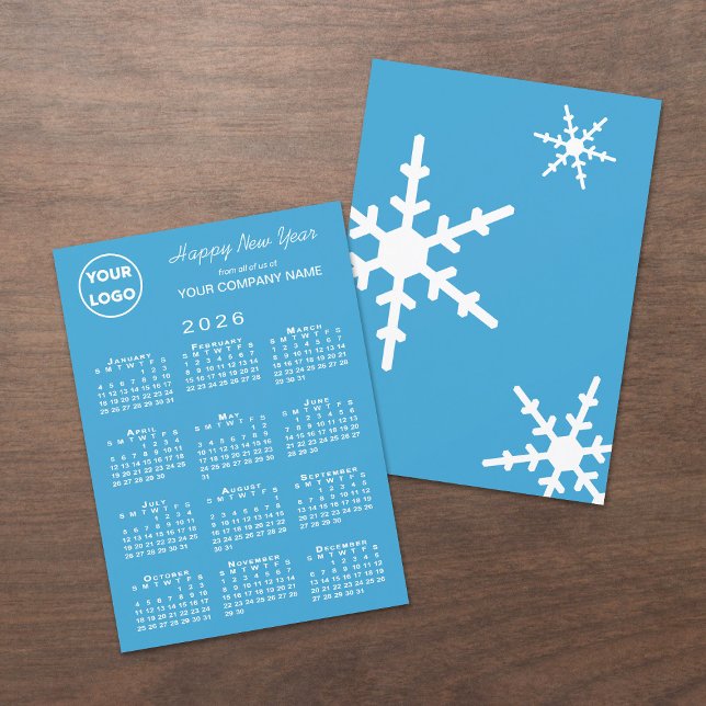 2026 Calendar Business Logotyp Light Blue Snowflak Julkort (2026 Calendar Business Logo Light Blue Snowflake Holiday Card, front/back)