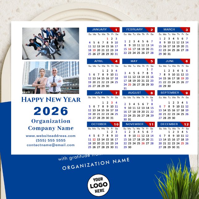2026 Calendar Business Logotyp Photo Blue Minimali Julkort (Skapare uppladdad)