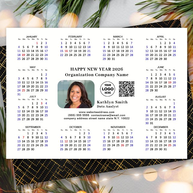 2026 Calendar Business Logotyp QR Modern Black Sim Julkort (Skapare uppladdad)