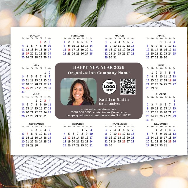 2026 Calendar Business Logotyp QR Modern Black Sim Julkort (Skapare uppladdad)