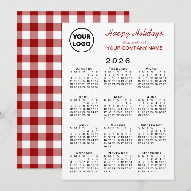 2026 Calendar Business Logotyp Red White Gingham Julkort (Fram/baksida)