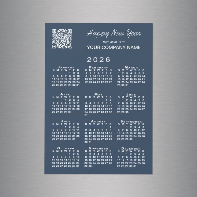 2026 Calendar Business QR Code Navy Helgdag Magnet (2026 Calendar Business QR Code Navy Holiday Magnet in situ)