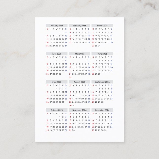 2026 Calendar Card: Sunday Start, Black & White  Visitkort (Baksida)