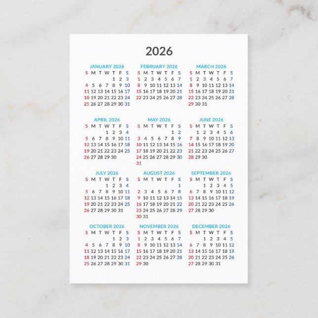 2026 Calendar Card: Sunday Start Visitkort (Baksida)
