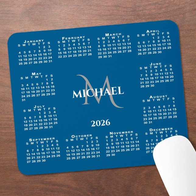 2026 Calendar Chic Monogram Name on Blue Musmatta (2026 Calendar Chic Monogram Name on Blue Mouse Pad with mouse)