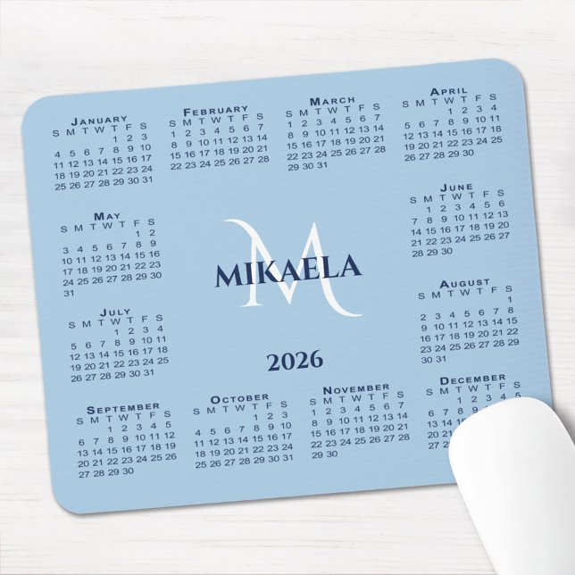 2026 Calendar Chic Monogram Name on Light Blue Musmatta (2026 Calendar Chic Monogram Name on Light Blue Mouse Pad with mouse)