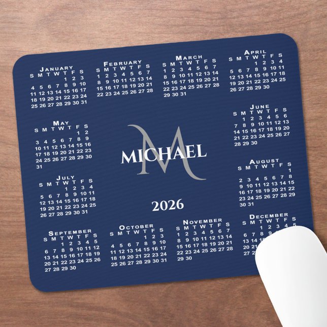 2026 Calendar Chic Monogram Name on Navy Blue Musmatta (2026 Calendar Chic Monogram Name on Navy Blue Mouse Pad, in situ)