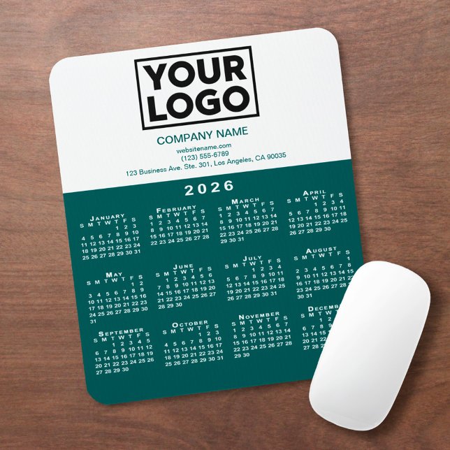 2026 Calendar Company Logo and Text Teal White Musmatta (2026 Calendar Company Logo and Text Teal White Mouse Pad, in situ)