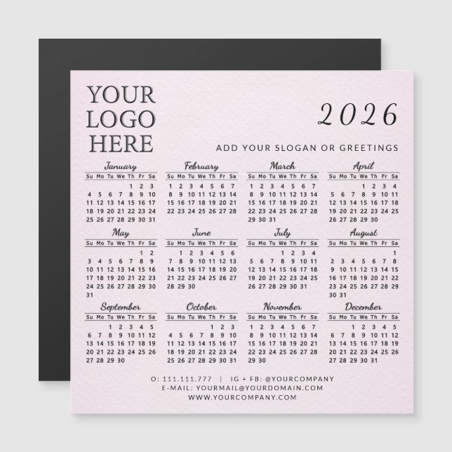 2026 Calendar Company Logotyp Business  Rosa (Fram/baksida)