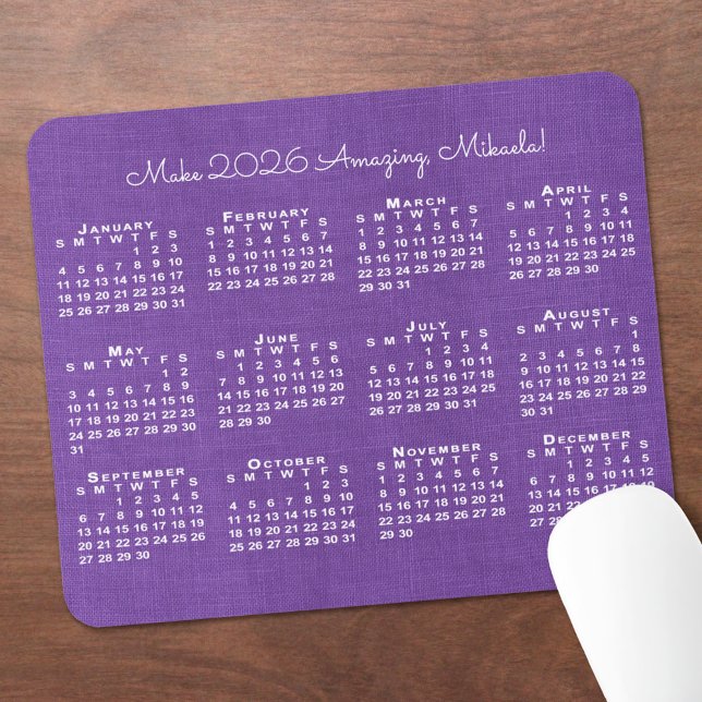 2026 Calendar Custom Name Purple Linen Photo Musmatta (2026 Calendar Custom Name Purple Linen Photo Mouse Pad, in situ)