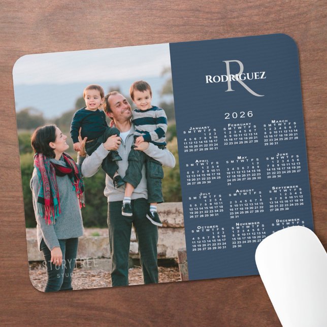 2026 Calendar Custom Photo Monogram Name Navy Blue Musmatta (2026 Calendar Custom Photo Monogram Name Navy Blue Mouse Pad, in situ)