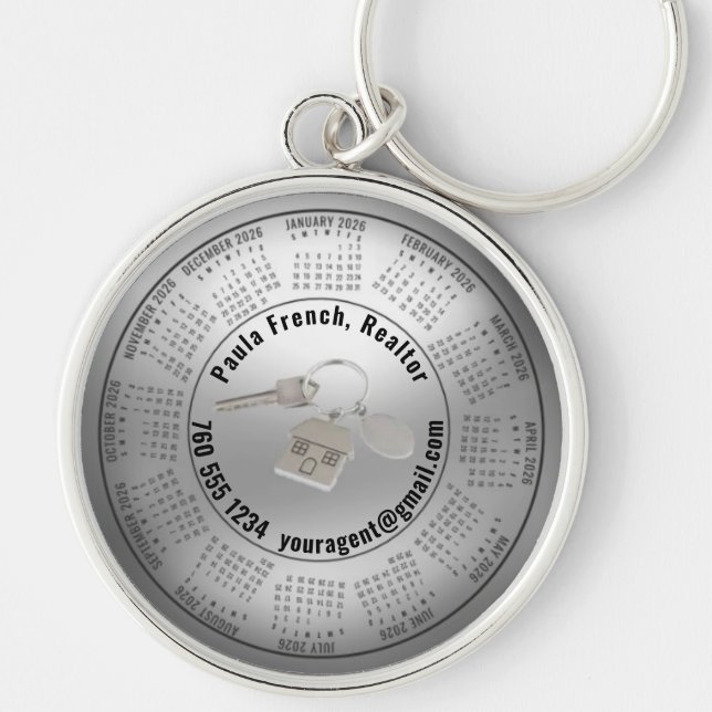 2026 Calendar Editable Real Estate Keychain Rund Silverfärgad Nyckelring (Framsidan)