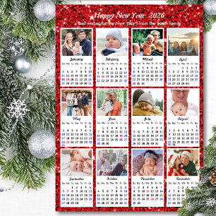 2026 Calendar Festive Red Glitter 12 Photo Collage Julkort