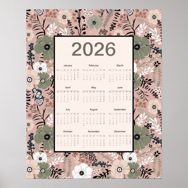 2026 Calendar Floral Pattern   Poster (Framsidan)