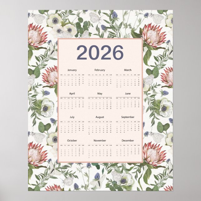 2026 Calendar Flowers Butterflies Poster (Framsidan)