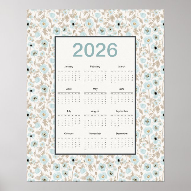 2026 Calendar Full Year Blue Cream Poppies Poster (Framsidan)