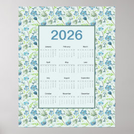 2026 Calendar Full Year Blue Floral Poster
